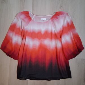 Calvin Klein Womens Ombre Tie Dye Chiffon Blouse Top Size Small 3/4 Puff Sleeve